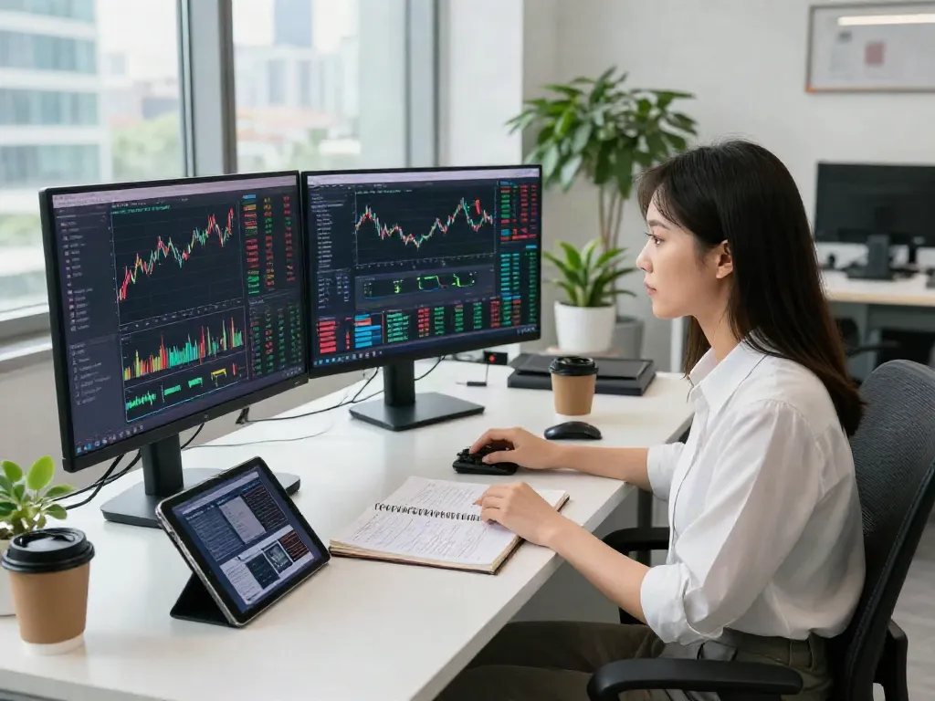 Essor invexaro, femme trader analysant les tendances du marché sur des écrans dans un espace moderne, ambiance professionnelle.